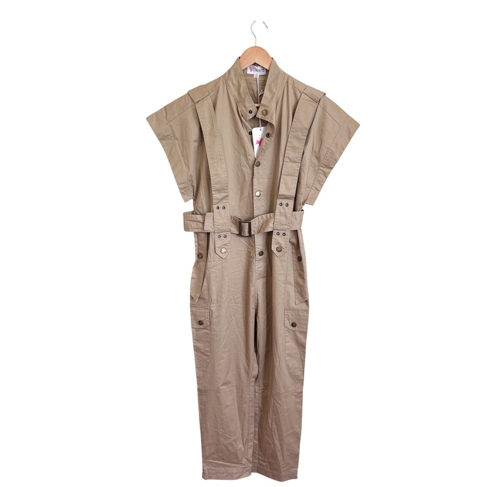 L'ATISTE Womens Utility Cargo Khaki Jumpsuit Medium Tan Belted Military Gorpcore
